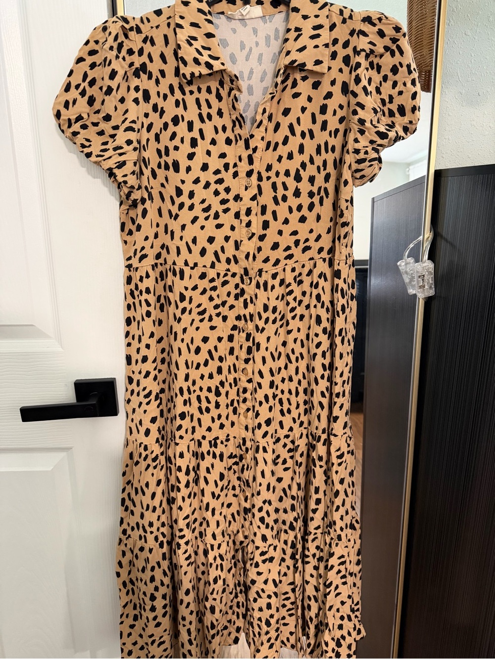 Women's Tan and Black Printed Midi Dress with Puff Sleeves
